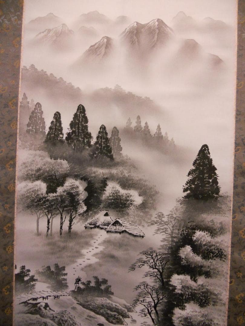 掛け軸 朝湖 渓畔晩涼 水墨画 絹本 希少 軸装 茶道具 掛軸 美品 です。