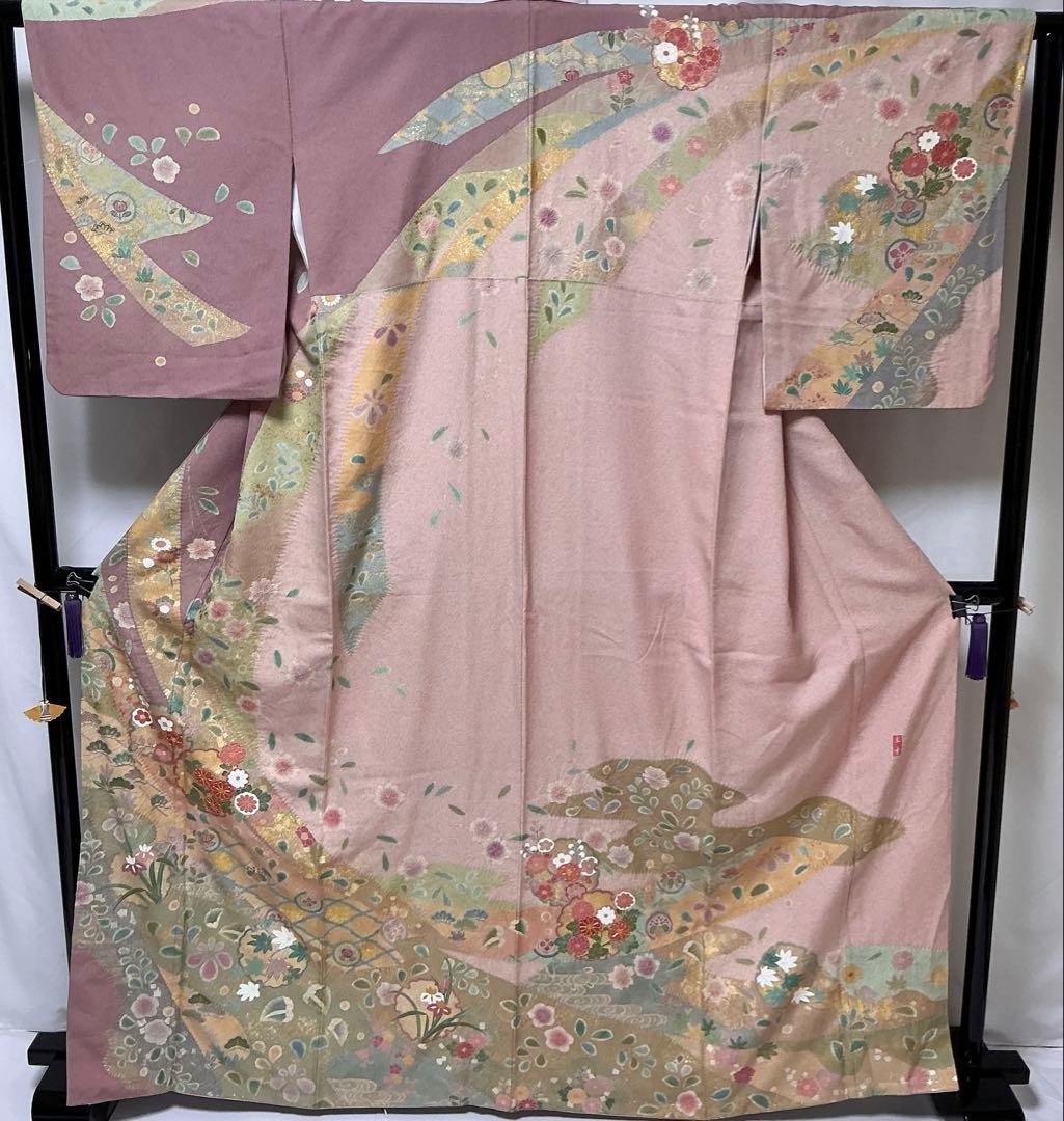 b519 正絹 袷 訪問着 辻ヶ花 圭雲 金駒刺繍トールサイズ 極美品 着物