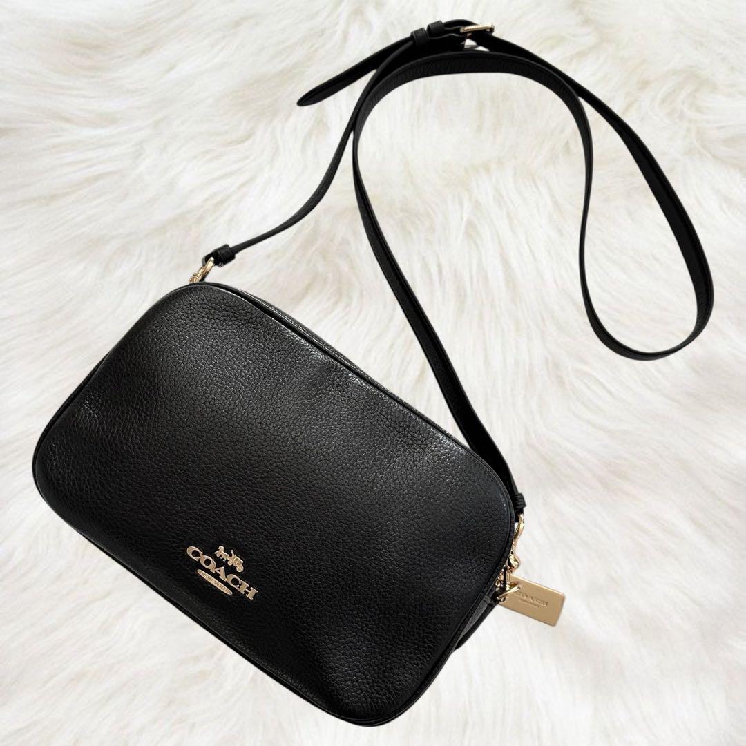 美品 コーチ ジェス カメラバッグ 2way ダブルジップ シボ革 ブラック