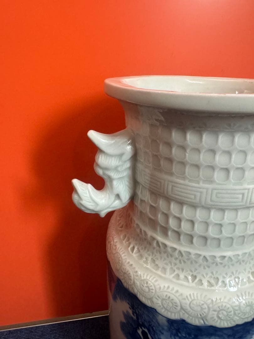 1675 希少 平戸焼 大花瓶 大壺 陰刻 人物浮彫 時代物