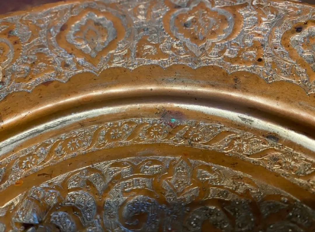 アンティーク カジャール朝 銅彫金装飾39cmプレート・鑑賞スタンド付4