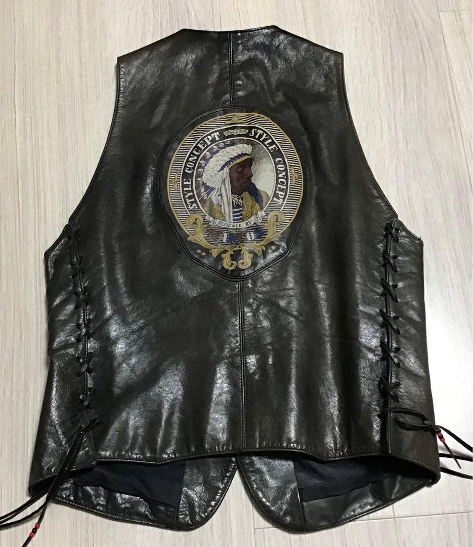 本革ブラックレザーベスト　ネイティブ　ライダース　ヴィンテージ Horn Works 本革 ネイティブ柄ベスト メンズ ホーンワークス 3981