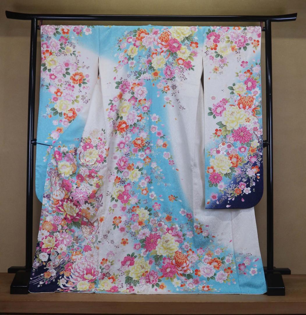 ブルー白染分け振袖（正絹）・六通袋帯（正絹）・長襦袢（合繊）三点