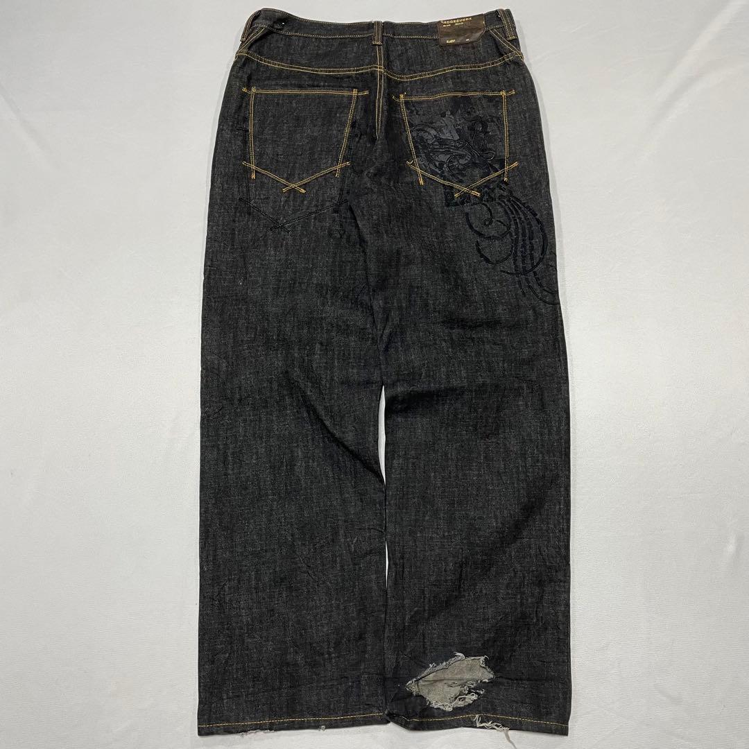 00s ロカウェア 先染め ブラック ワイド デニム バギーパンツ 刺繍 極太