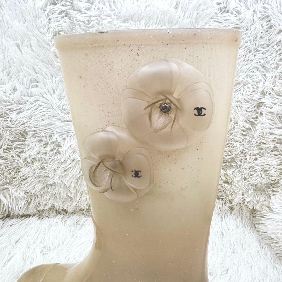 CHANEL レインブーツ カメリア ホワイト ココマーク シャネル 長靴 38