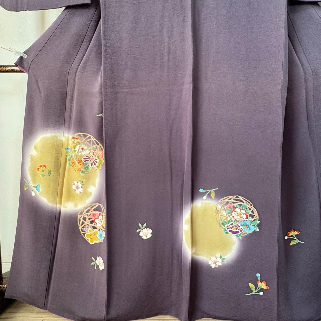 超美品 正絹 袷 訪問着 着物 168 裄70 ちりめん 金彩 紫 藤色 トール