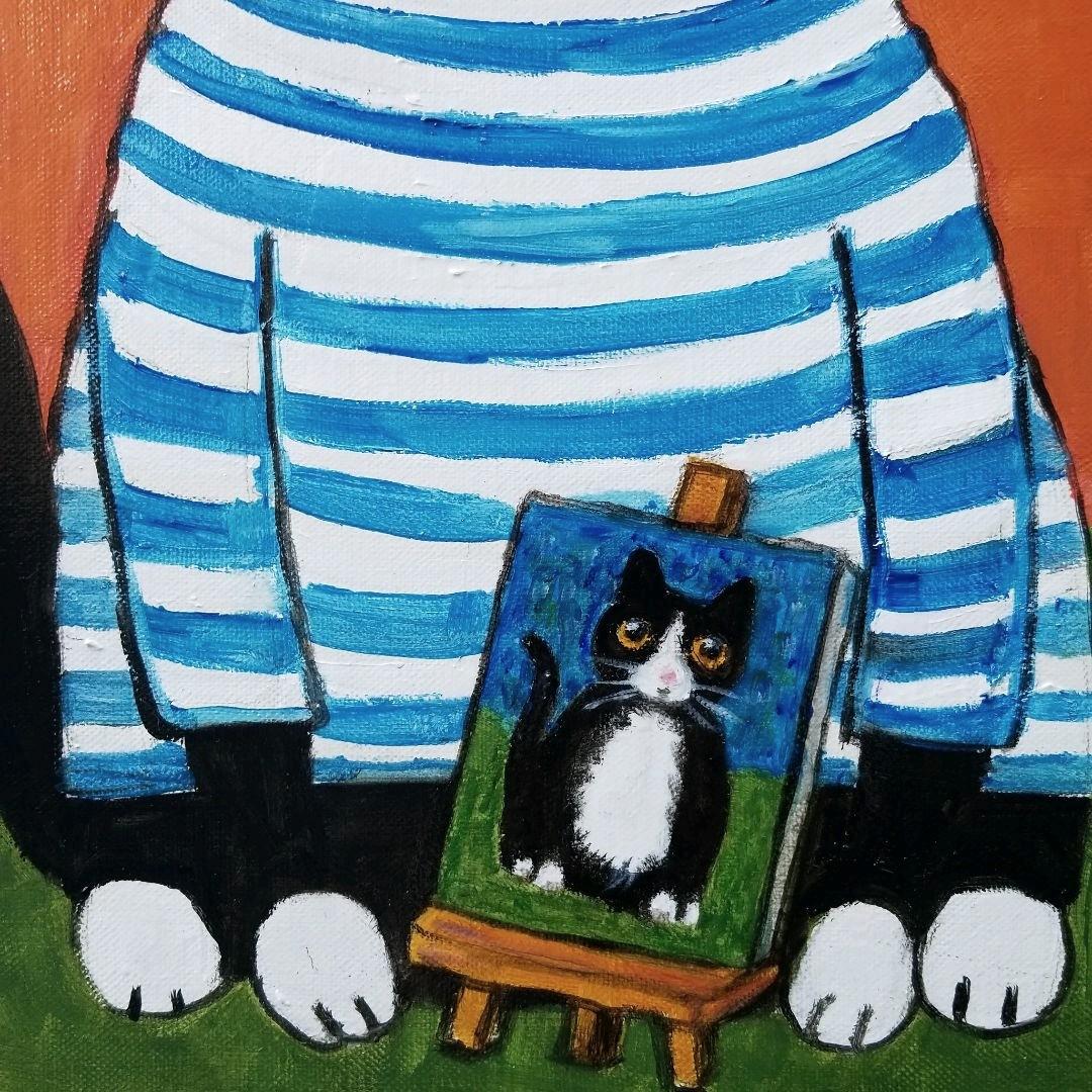 油絵 専用 バスクシャツを着て自画像を描く猫