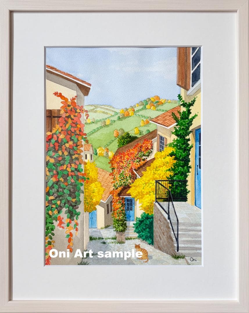 透明水彩画 原画 「オータムヴィレッジ02」額縁付き F4サイズ 風景画