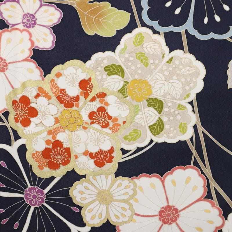 《st★長尺■訪問着■彩り花枠に吉祥文の花々植物■濃紺◆HA3-23》