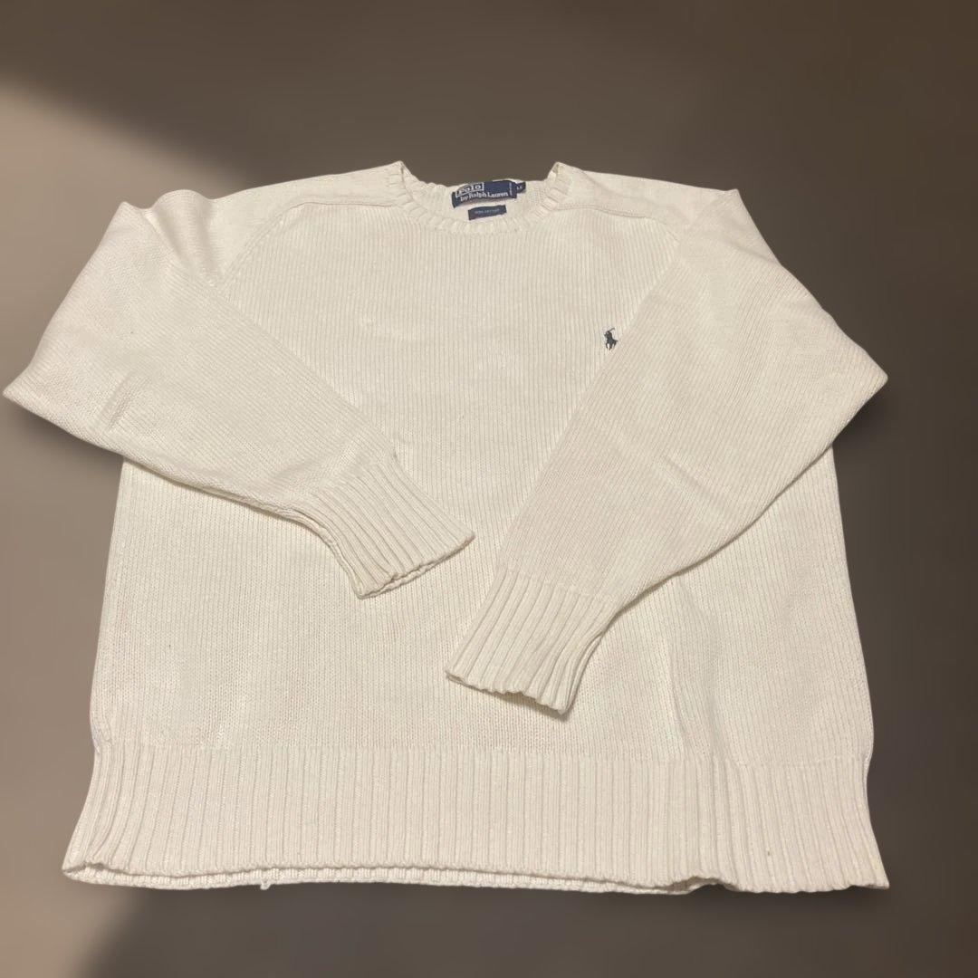 90sポロラルフローレン 刺繍ロゴ ホワイト コットンニット 正規代理