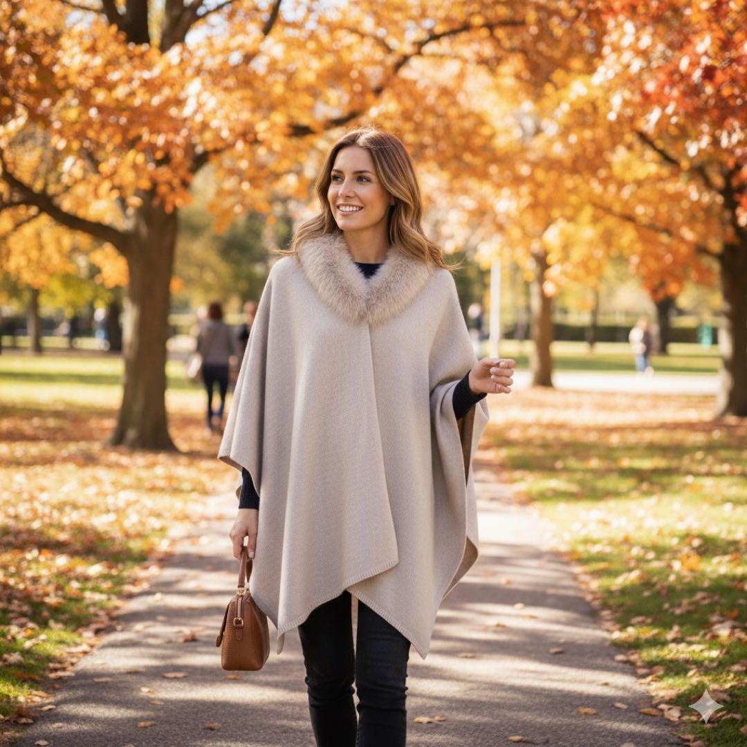 美品】GIOVI 高級 カシミア混 フォックスファー ポンチョ ベージュ