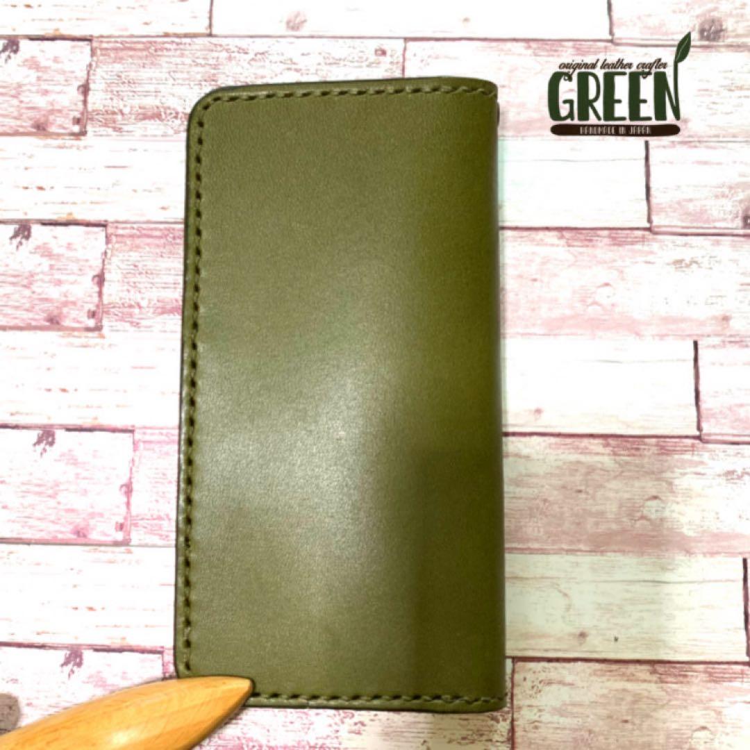 栃木レザー　オリーブ　グリーンiPhoneケース　手帳型 本革 2枚ポケット付き栃木レザー オリーブグリーン iPhoneケース 手帳型 本
