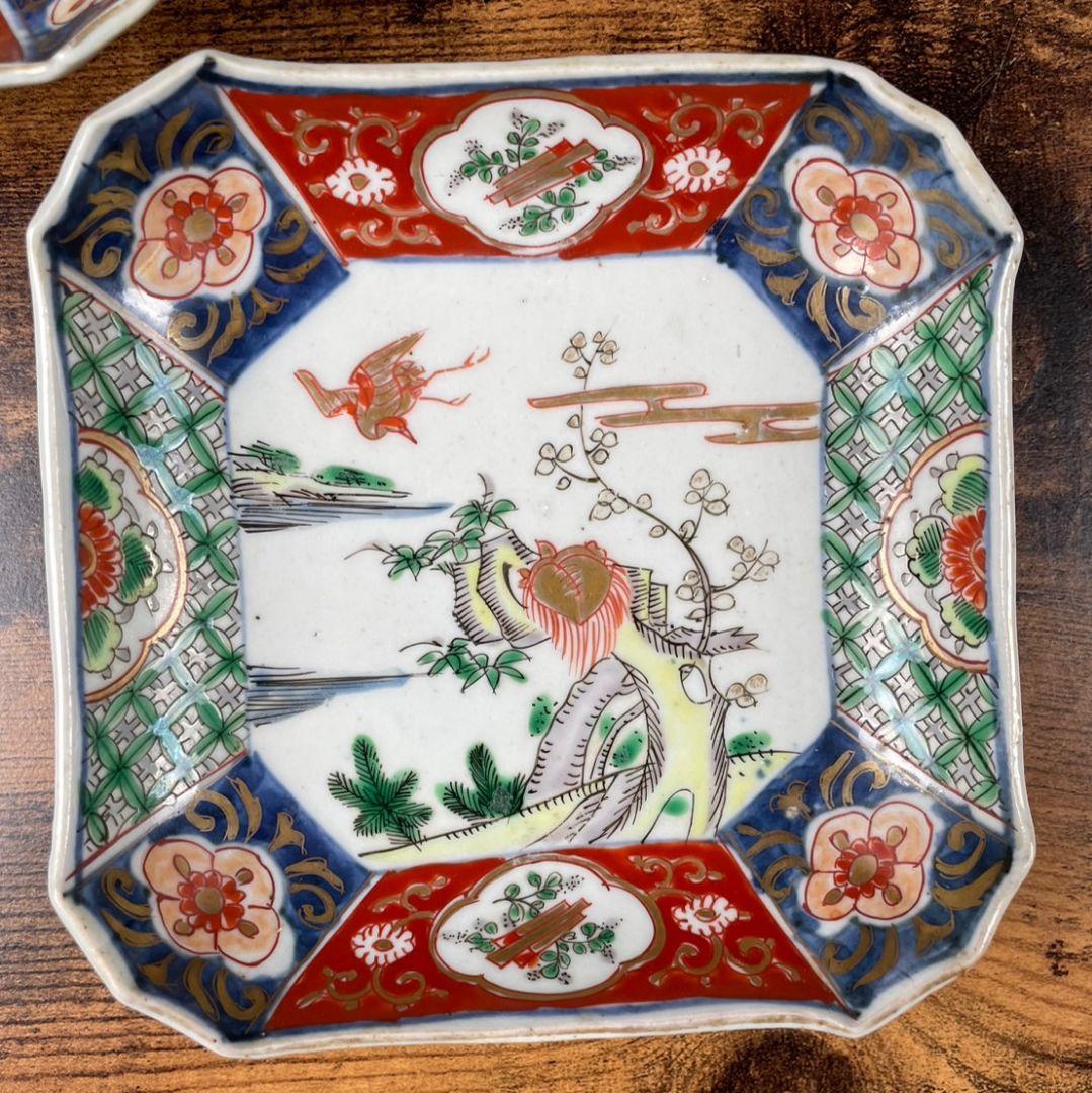 古伊万里 鳥図四角皿2客 向付/中皿/銘々皿/四角形皿/骨董品