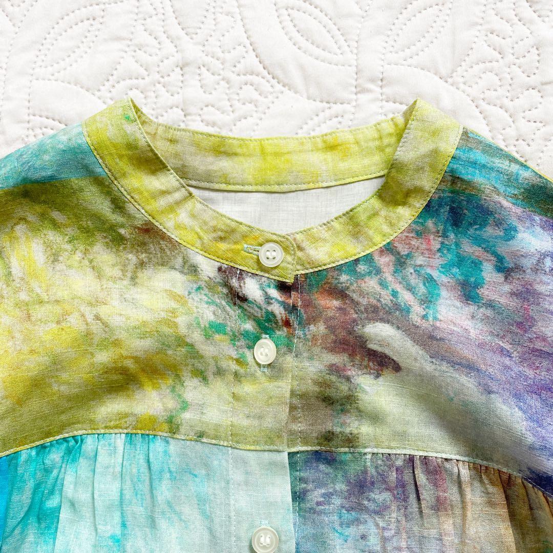 現行 レリアン ブラウス 11号 シアー素材 バンドカラー パッチワーク風