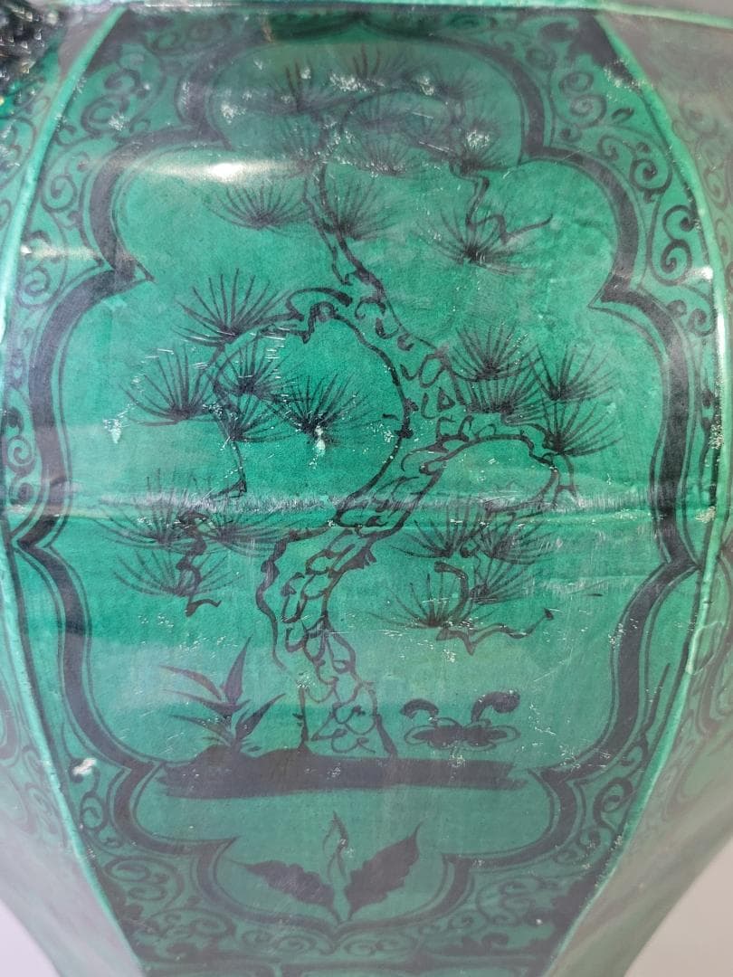 古い 中国 緑釉 獣耳 六角 瓶 高さ 39.5ｃｍ DT621