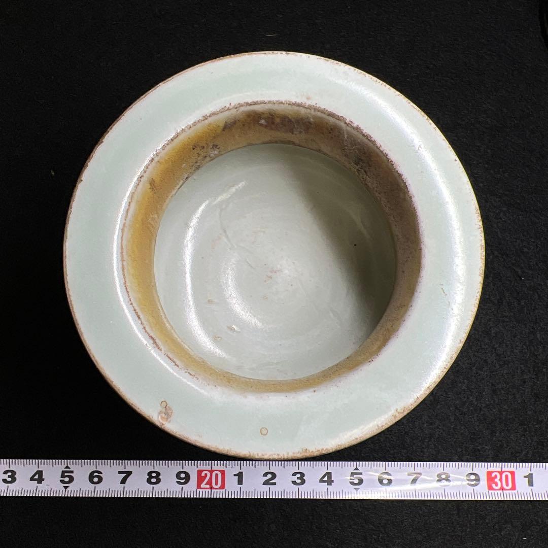 中国明時代 龍泉窯 白砡摘唐木台青磁香炉 木箱付 東Y8-0128☆2Fトカサ