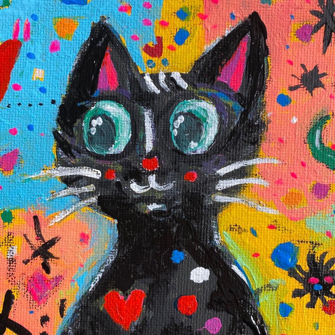 カラフルな猫のアクリル絵画抽象画アクリル画インテリア「ドット猫の