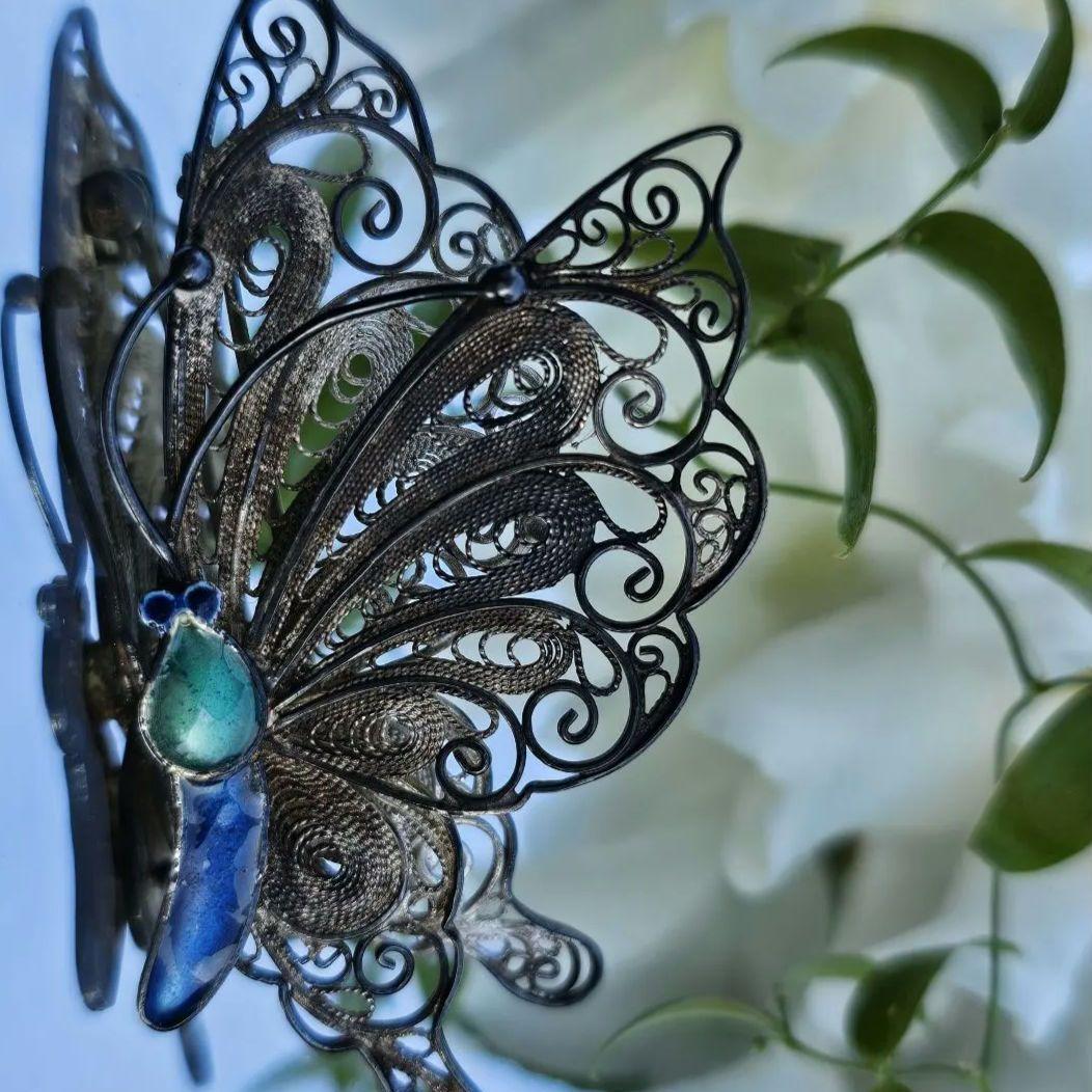 267 蝶々 銀線細工 ヴィンテージブローチ 中国七宝 フィリグリー