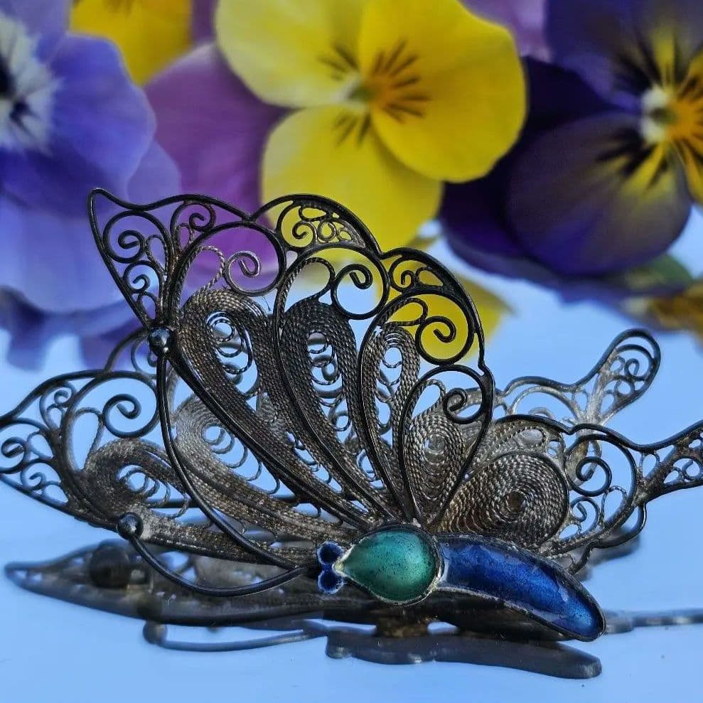 267 蝶々 銀線細工 ヴィンテージブローチ 中国七宝 フィリグリー