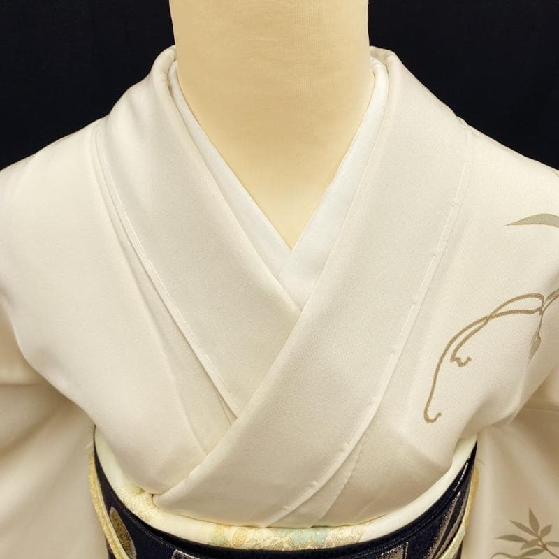 510mh56○訪問着 水辺の藤 金駒刺繍 クリーム色 金彩 一つ紋