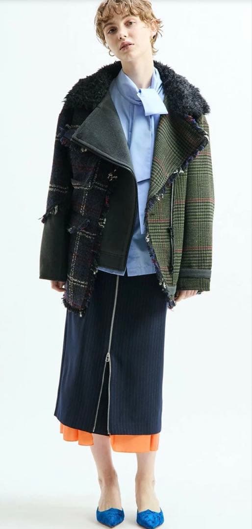 新品AULAAILA パッチワークボアチェックフリンジライダース