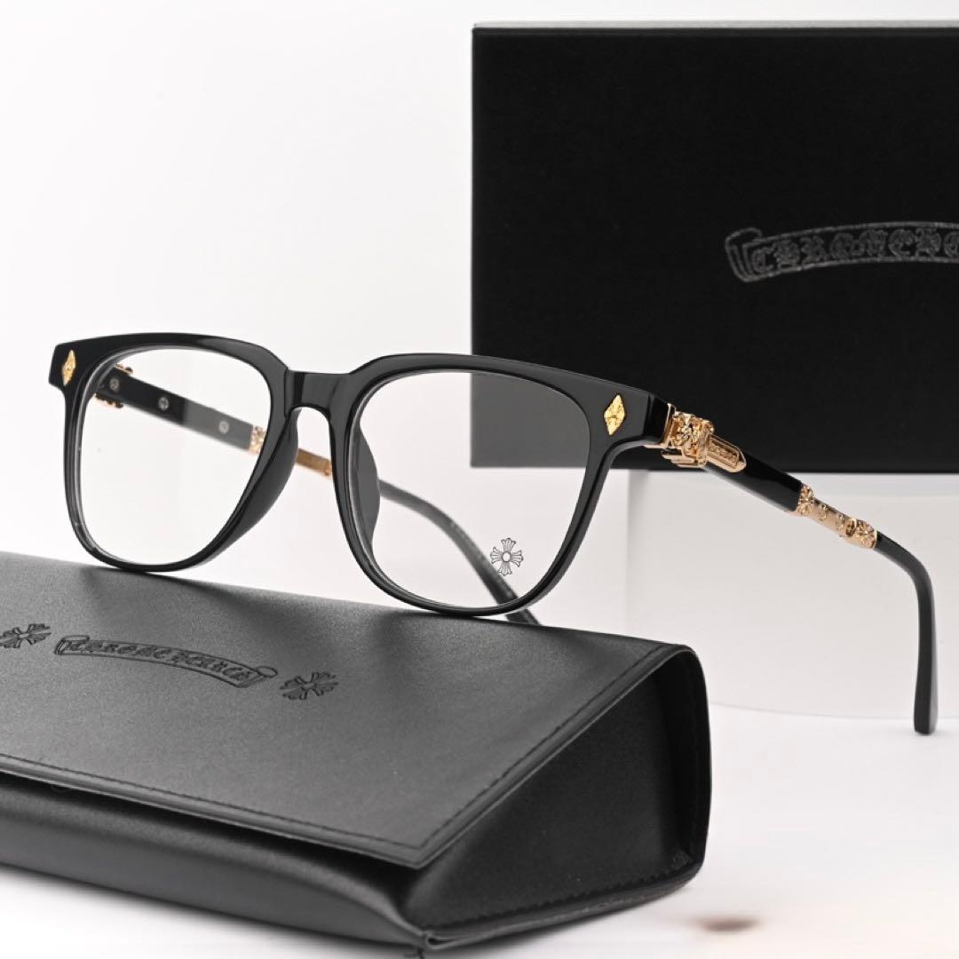 クロムハーツ好き必見‼︎ 装飾ゴールド 伊達メガネ 伊達メガネ 黒縁 サングラス ゴールド クロスチャーム クロムハーツ