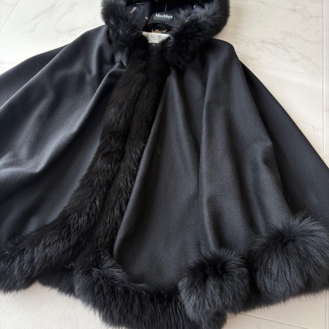 最高級✨《バルマン》カシミヤ100% フォックスファー 裏地シルク ポンチョ