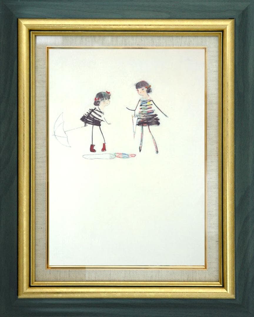 油絵 絵 絵画インテリア 額付(青緑＋金色の枠)F4-040314 子供雨あがり 油絵 絵 絵画インテリア 額付(青緑＋金色の枠)F4-040314 子供雨あがり