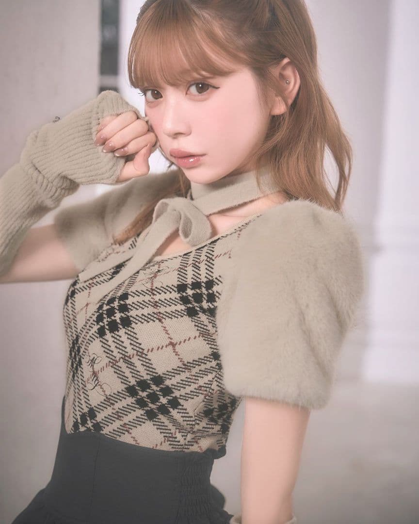 ミシェルマカロン ファースリーブチェックニットトップス XSサイズ