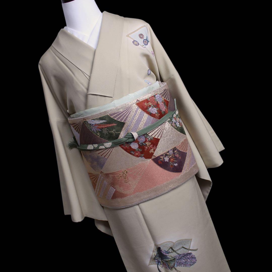 美品　読み本に十二単模様訪問着/裄69 スーパートールサイズ　ベージュ　d5