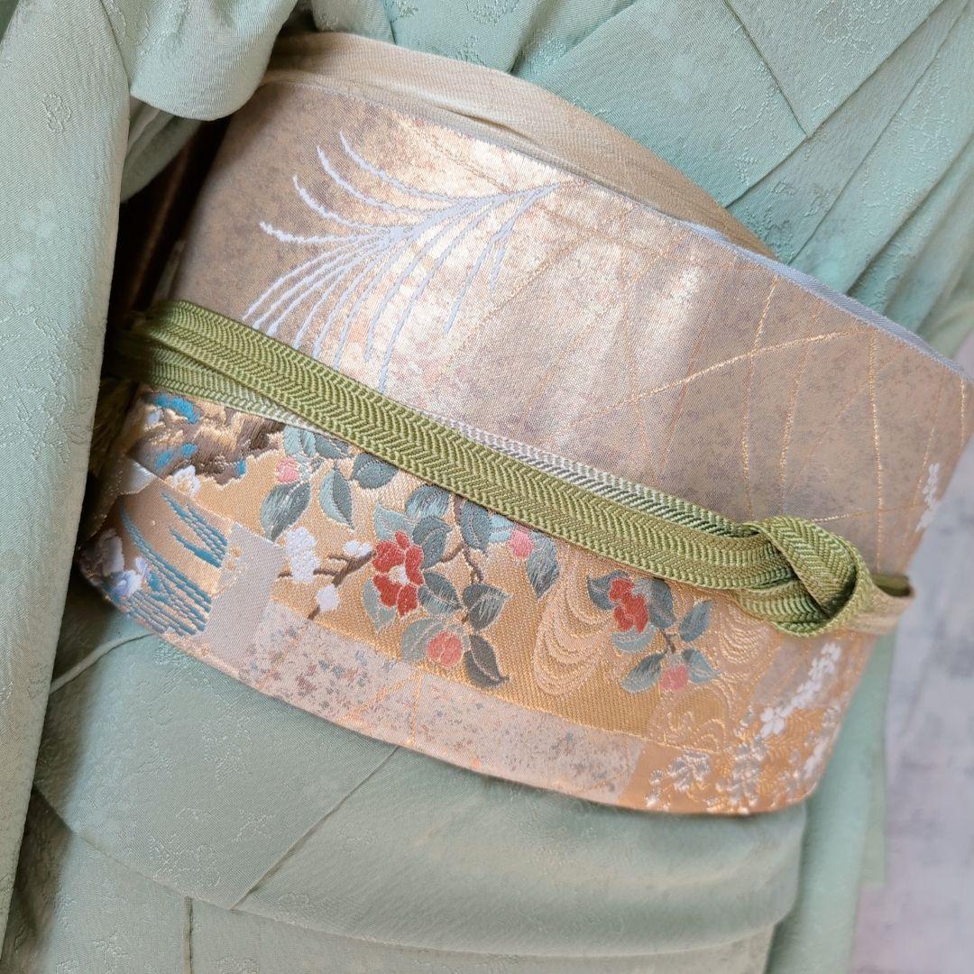 色無地 着物 フルセット 正絹 緑 爽やか シンプル しつけ糸 地紋花柄