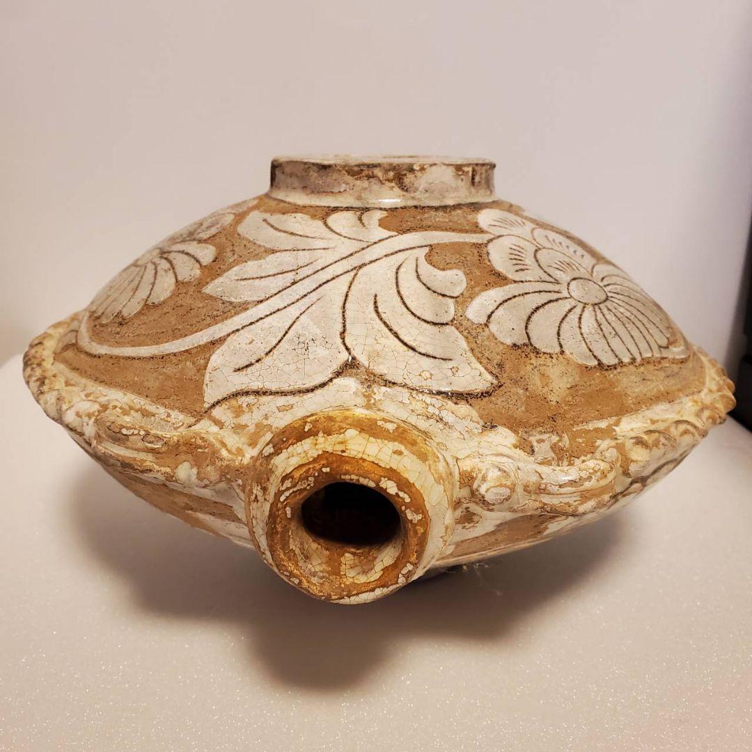 中国古玩　磁州窯　双耳扁壺　時代物唐物 中国古玩 磁州窯 双耳扁壺 時代物唐物 青花花文双耳扁壺