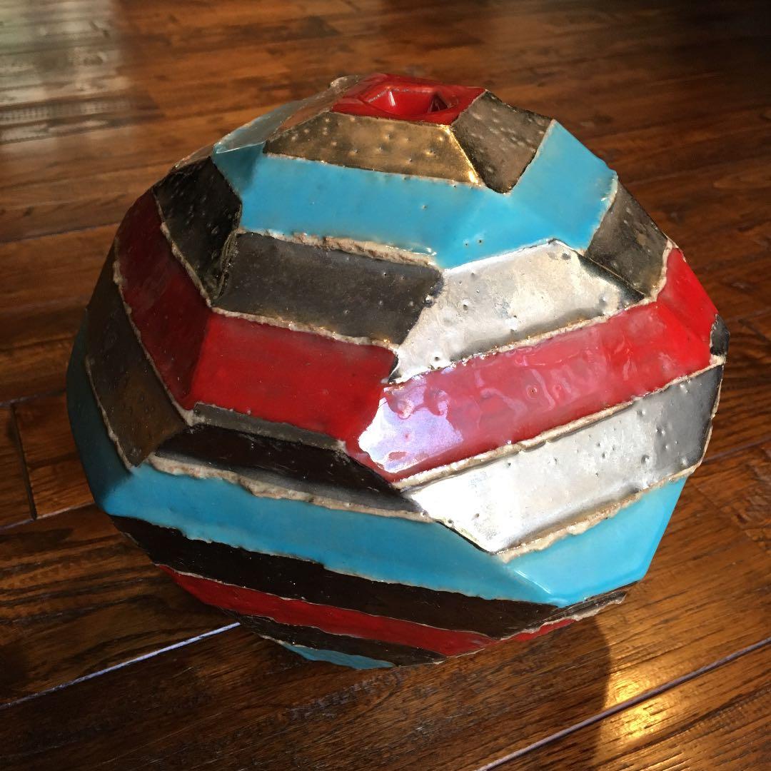 希少珍品！益子焼 瀬戸浩 赤青彩 銀條文壺 塩焼〆多面取壺 花器 飾壺