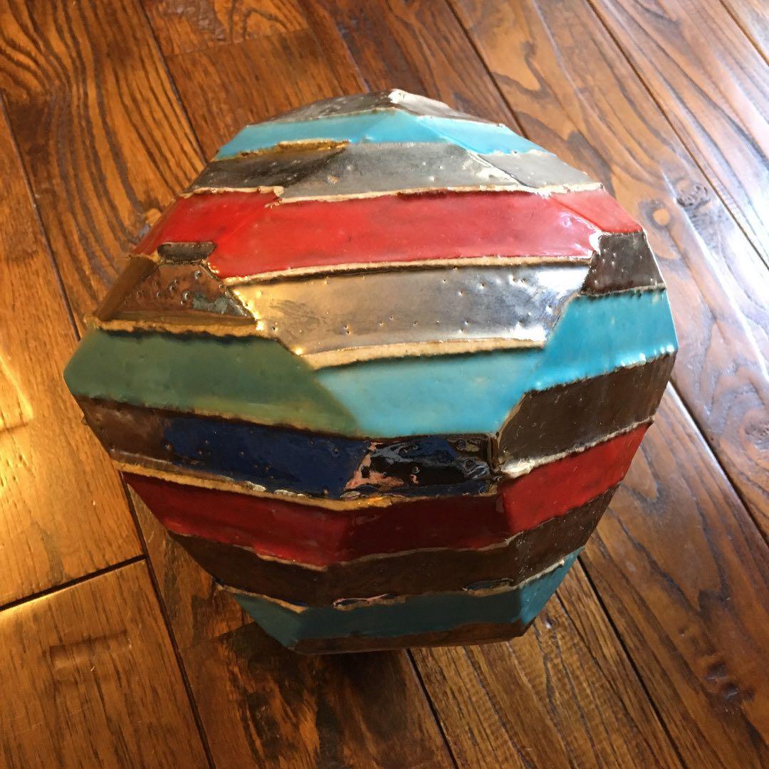 希少珍品！益子焼 瀬戸浩 赤青彩 銀條文壺 塩焼〆多面取壺 花器 飾壺