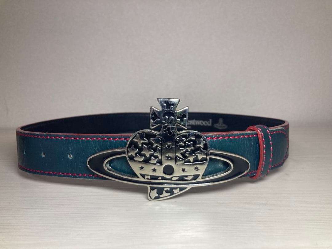 Vivienne Westwood レザー製メンズベルト オーブロゴバックル 緑