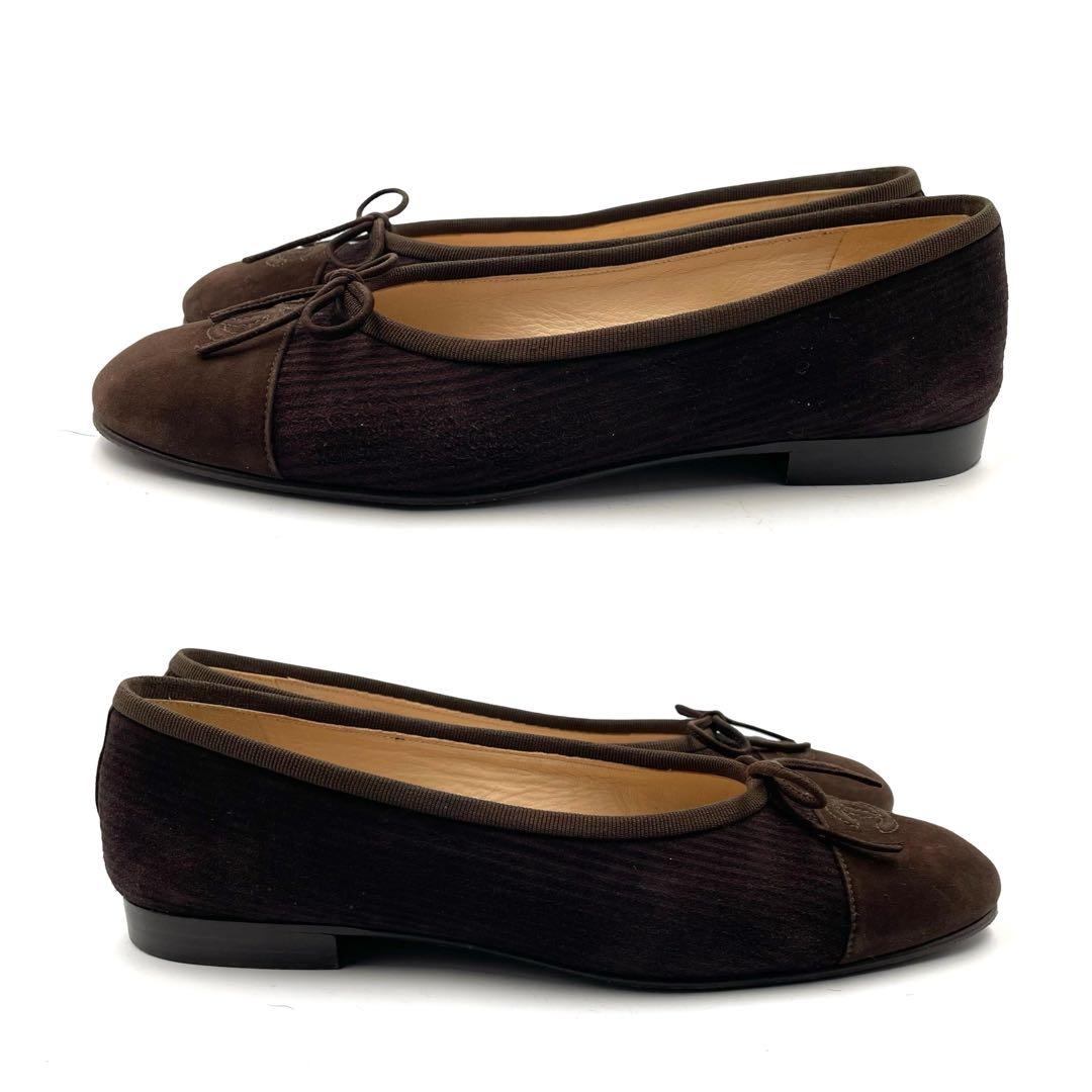 《超美品》シャネル ココマーク フラットパンプス バレエ ストライプ柄 茶系