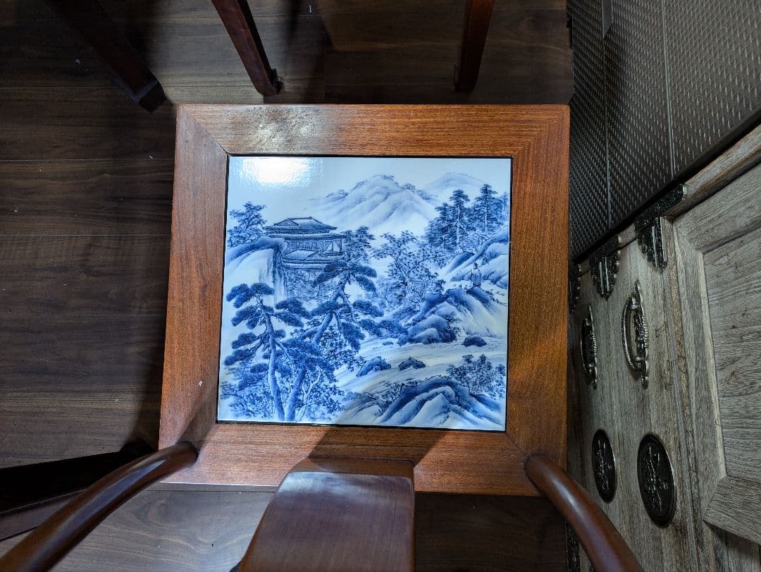 沖縄・離島除く】有田焼、ダイニングテーブルセット、『染付山水絵陶板