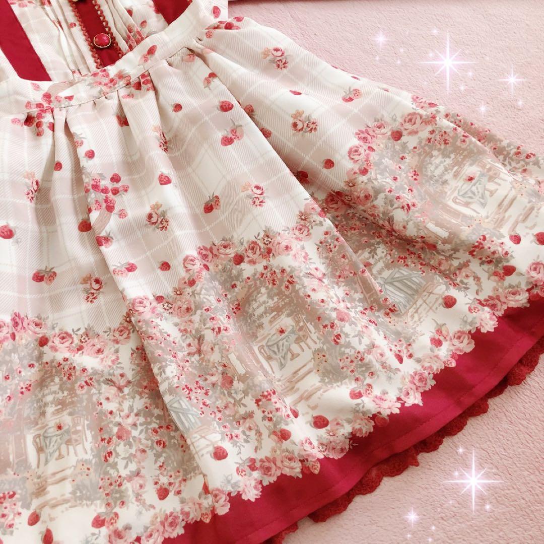 ☆リズリサLIZLISA☆エプロン風デザイン☆木苺柄ワンピース☆ボルドー