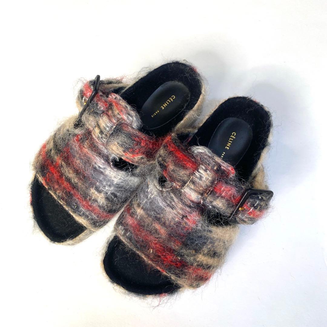 未使用セリーヌCELINE フィービー期チェック柄ファーサンダル 35