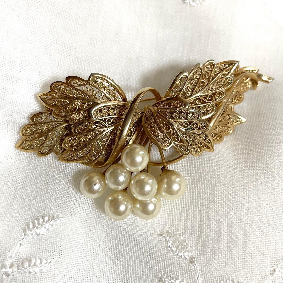 ヴィンテージブローチ パール 本真珠 花 フラワー ゴールド 繊細