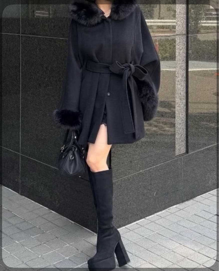 ね*む様 rienda ウール MIXフードポンチョコート秋服 冬服 - メルカリ