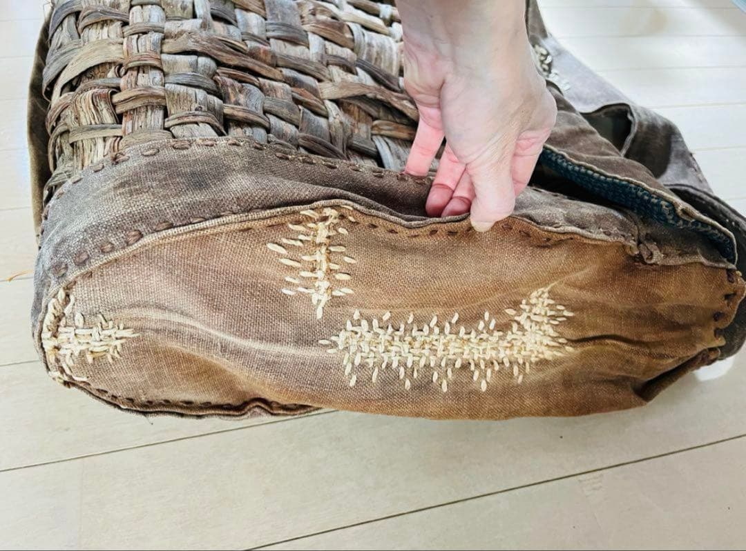 SALE◇希少 柿渋古布と国産山葡萄蔓 背負える大型籠リュック 斜め掛