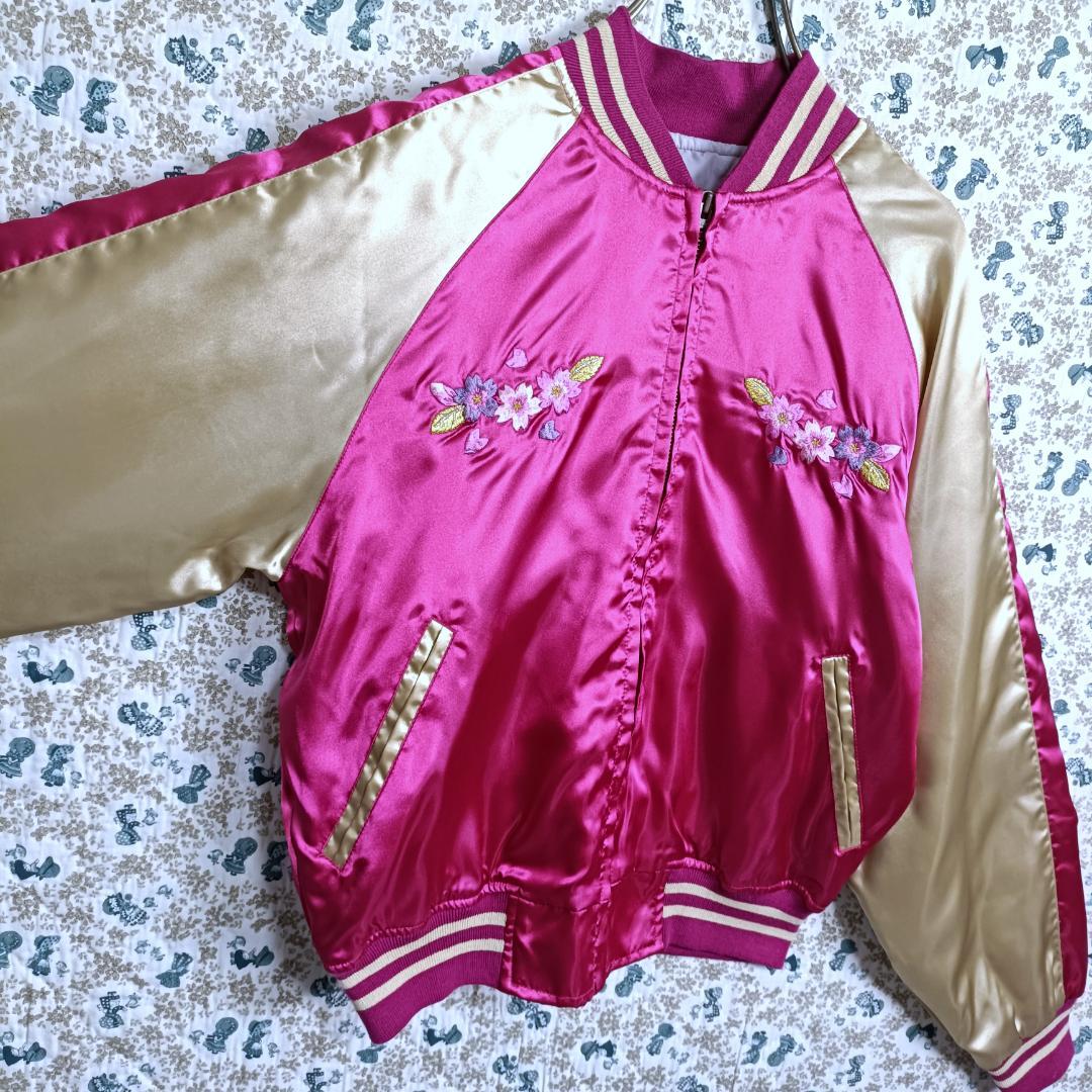 Hello Kitty☆キティちゃん スカジャン 刺繍 桜 山 ピンク 金 M