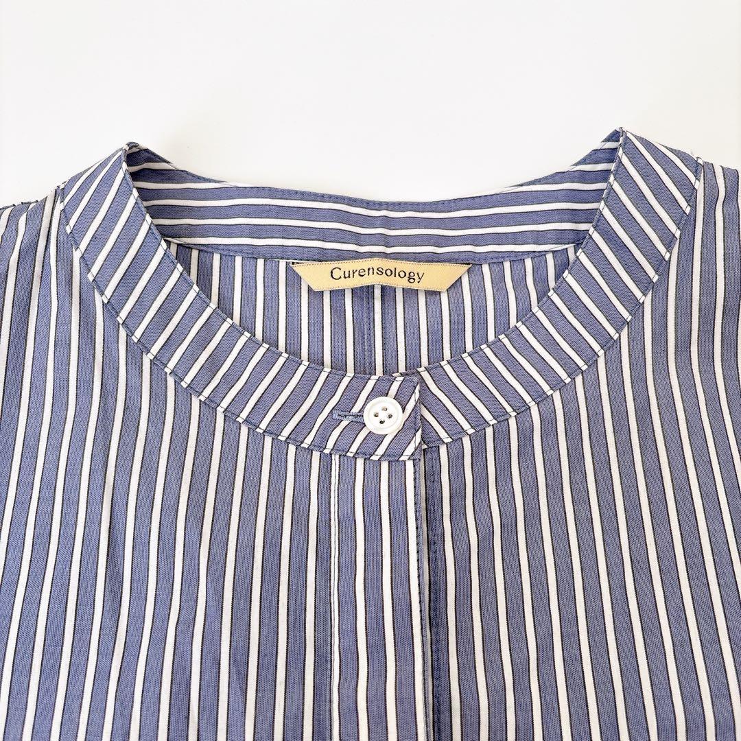 美品 カレンソロジー オーバーサイズ シャツブラウス 青×白 バンド