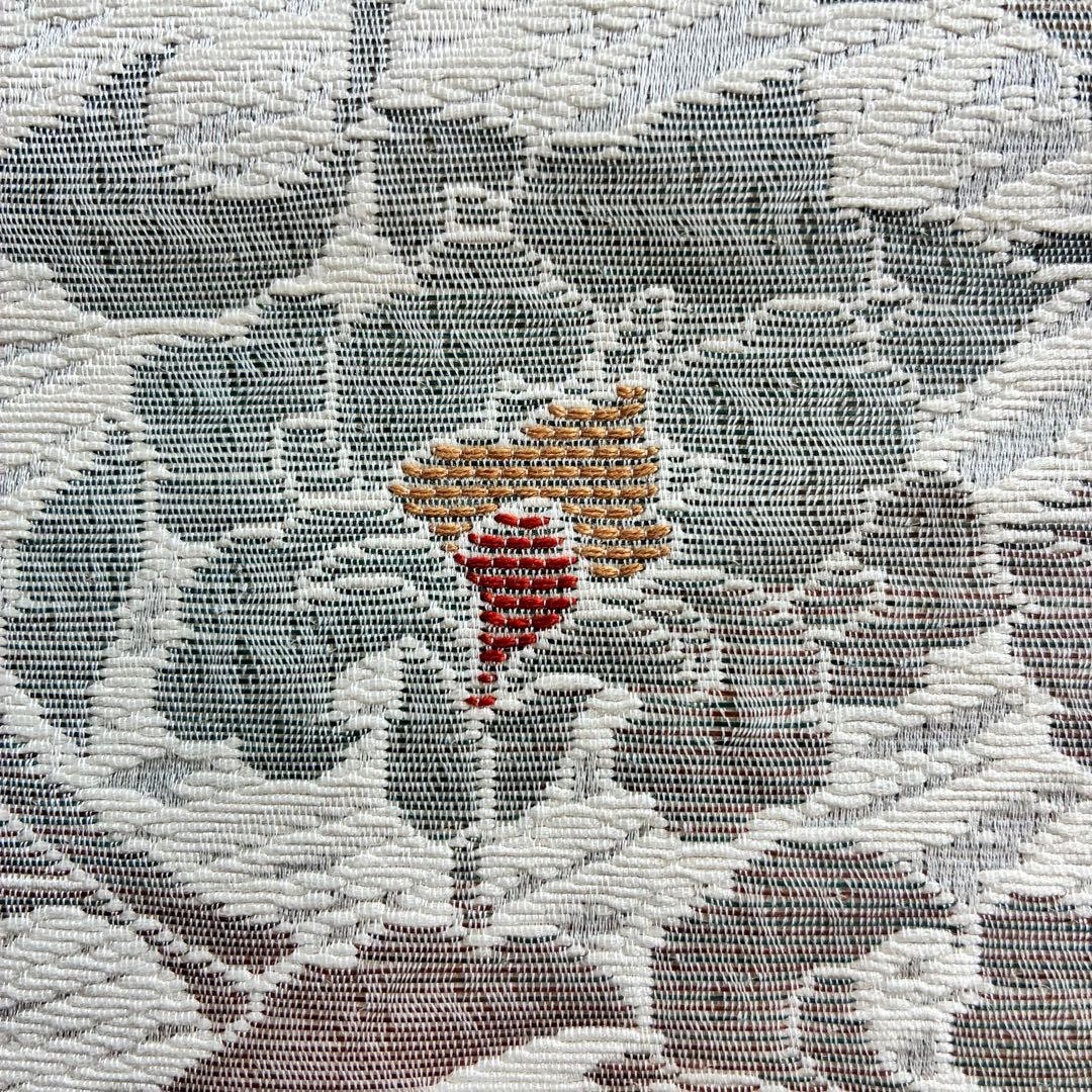 博多織 八寸名古屋帯 白 正絹 中古 鳥 花唐草 カジュアル 【mm077