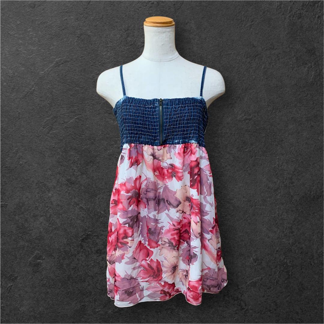 Y2K 平成ギャル 00s デニム×花柄シフォンキャミソールチュニック