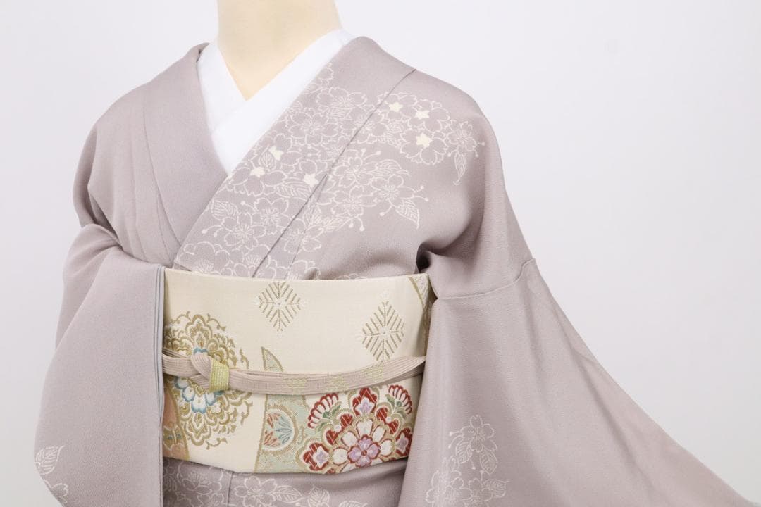 《特選◆訪問着■シンプル桜梅の花◆薄梅鼠色■ちりめん地◆袷正絹着物◆HC2-4》