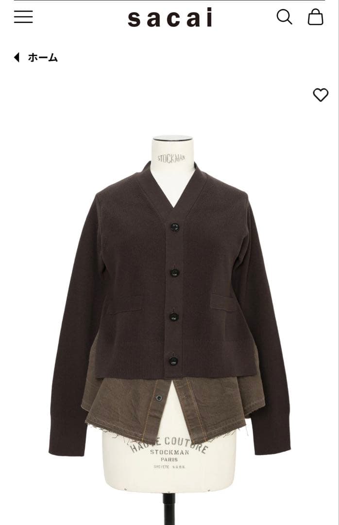 sacai Denim × Knit Cardigan ブラウン サイズ1 SACAI Cardigan with denim panel BROWN | Base Blu
