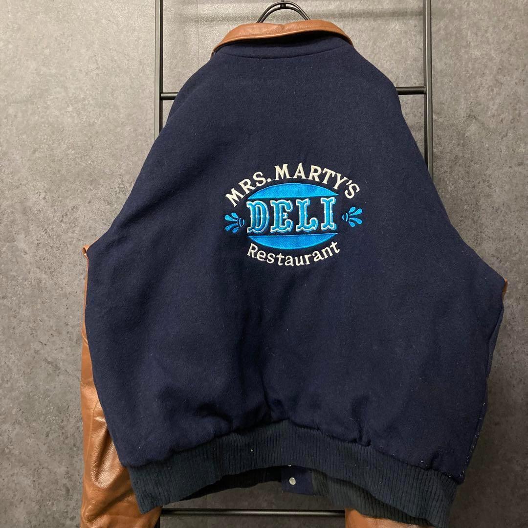 《US古着》企業 ウール・レザー 本革 中綿 スタジャン 刺繍ロゴ メンズXL