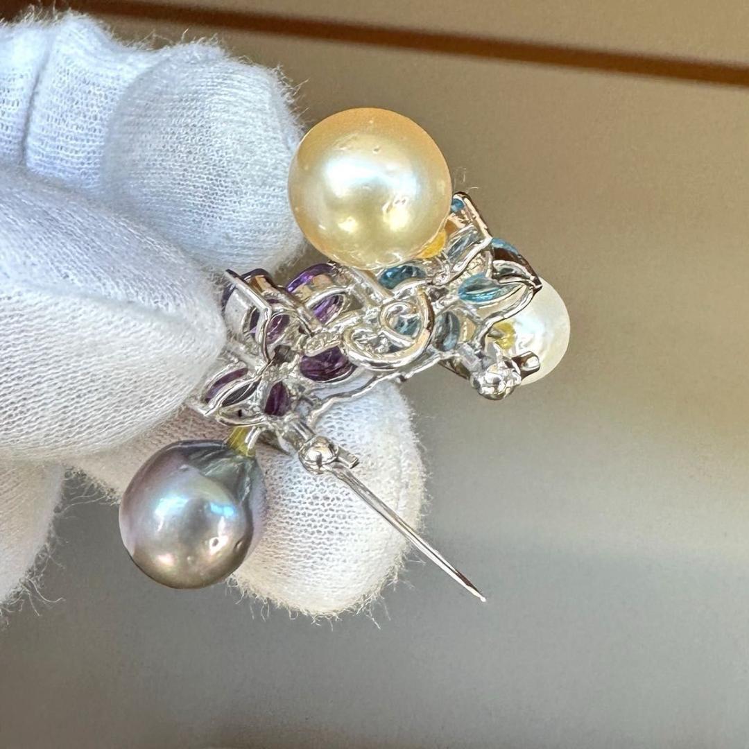 アメジスト　ブルートパーズ　パール3pcs　ブローチ　SVシルバー 10.22g